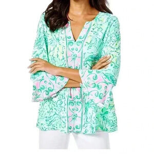 Lilly Pulitzer Womens Top Tunic Keona Small Resort Aqua Hopelessly Devoted Green